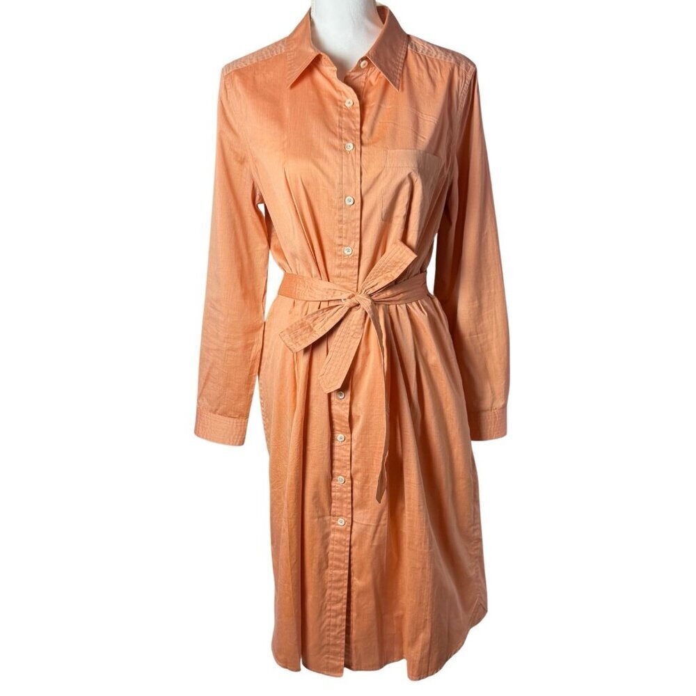 Pell & Co Long Sleeve Shirt Dress Peach Orange Button Up Midi Dress Size 14